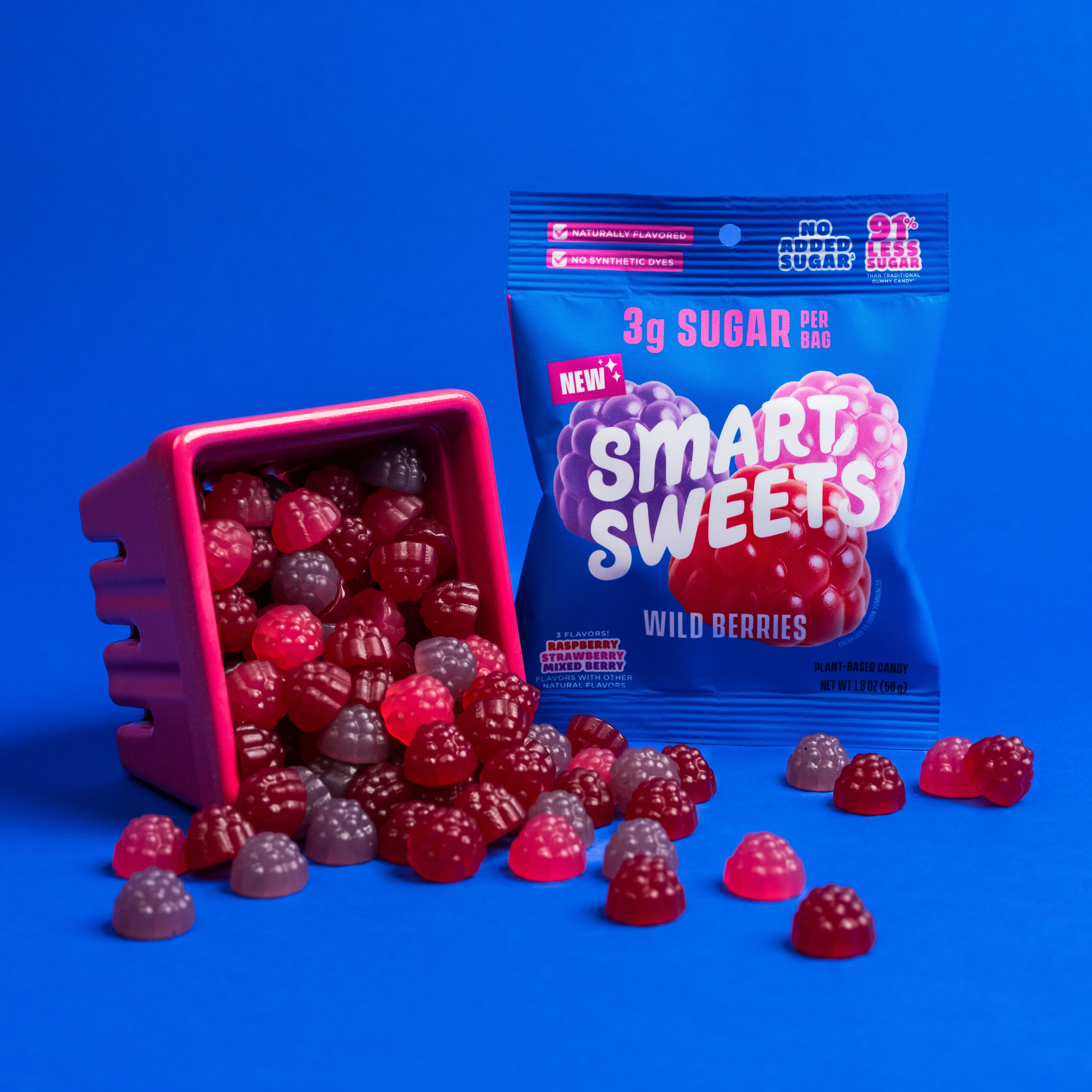 SmartSweets Wild Berries packaging with red and purple berry candies on blue.
